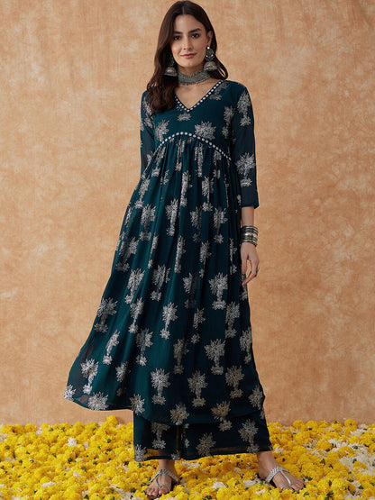 Dhiyona SN Women's Floral Printed V-Neck Anarkali Kurta & Palazzos
