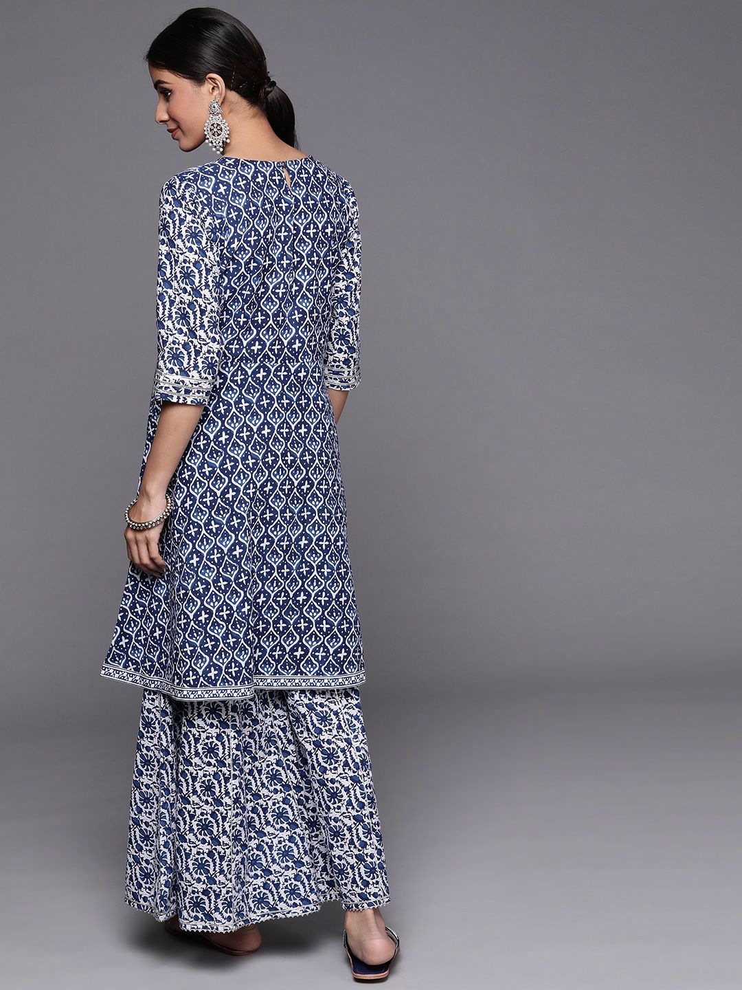 Dhiyona VA Women's Blue Floral Printed Gotta Patti Pure Cotton Kurta with Sharara