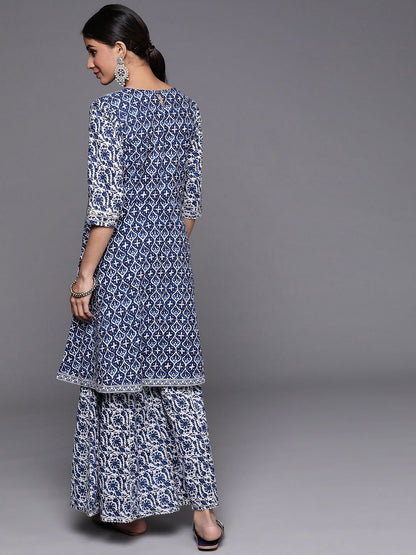 Dhiyona VA Women's Blue Floral Printed Gotta Patti Pure Cotton Kurta with Sharara