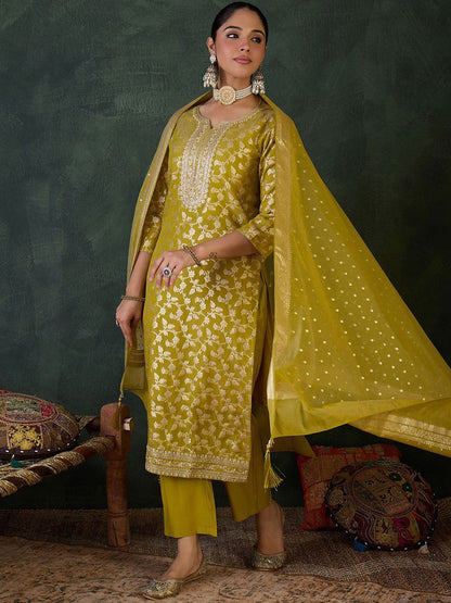 Dhiyona IE Women Floral Woven Design Sequinned Kurta Set With Dupatta