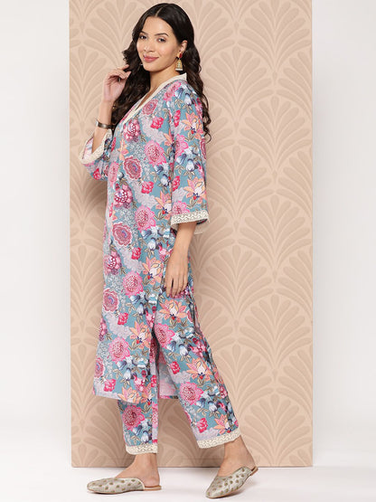 Dhiyona VA Women'sFloral Printed Regular Kurta with Trousers