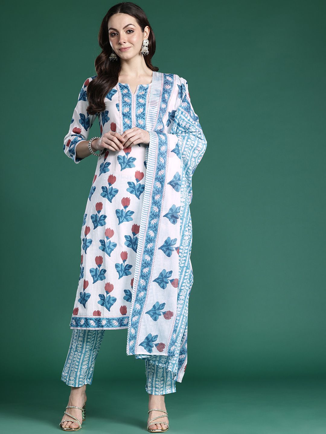 Floral Printed Beads and Stones Pure Cotton Kurta with Trousers & With Dupatta