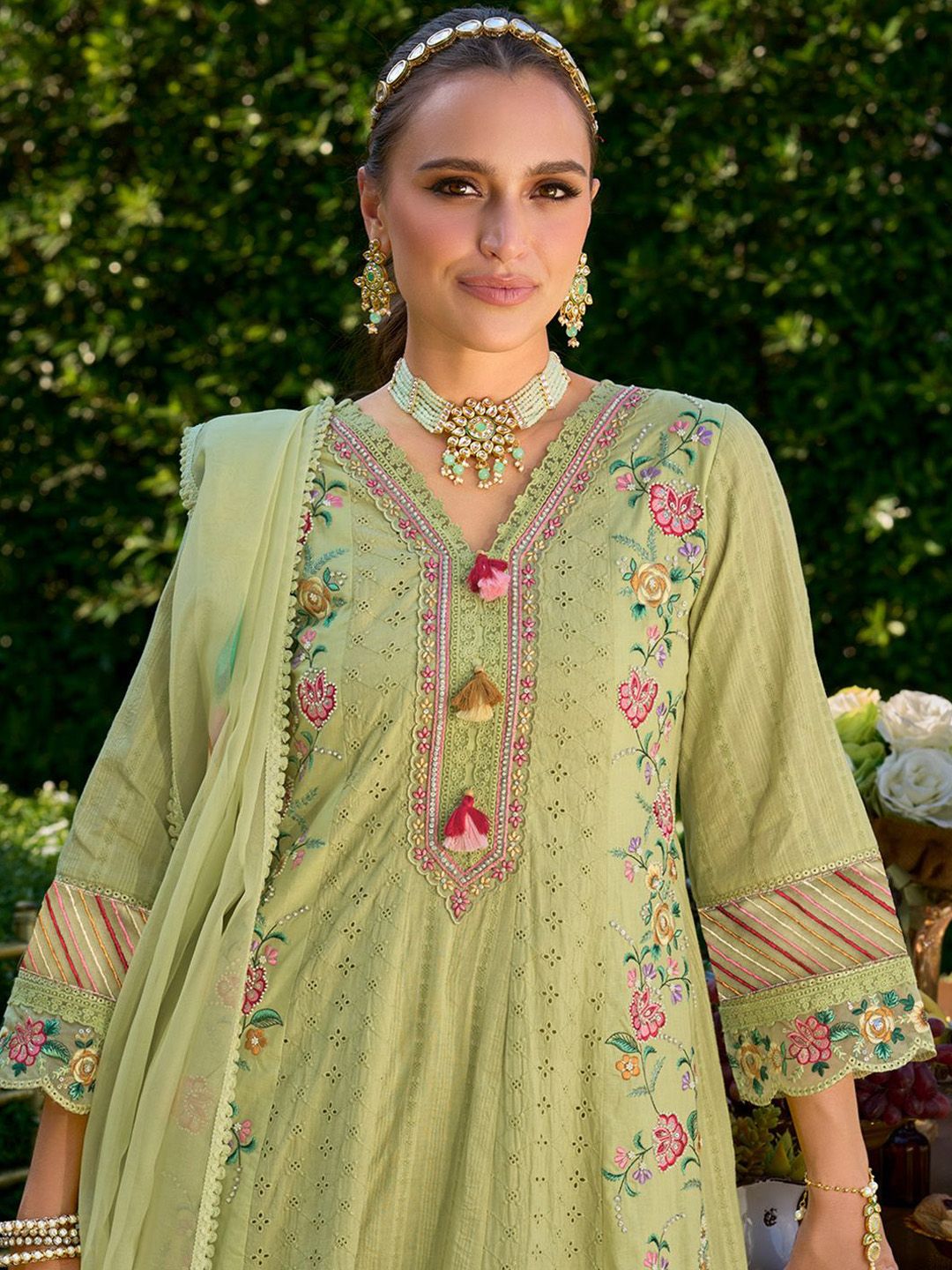 Women Floral Embroidered Cotton Kurta with Trousers & Dupatta