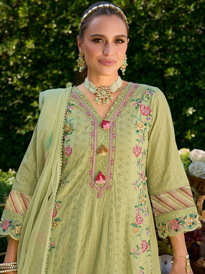 Women Floral Embroidered Cotton Kurta with Trousers & Dupatta