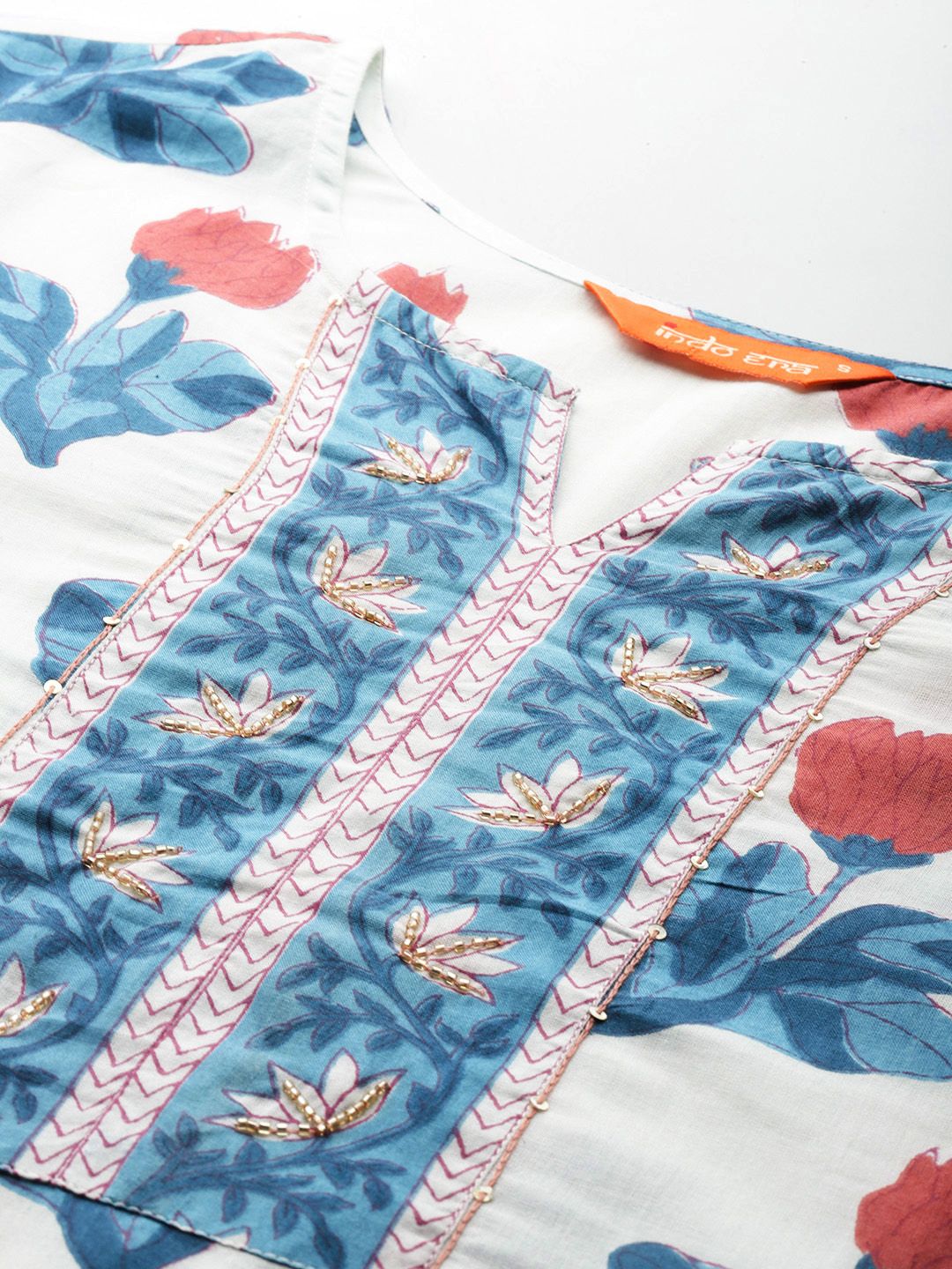 Floral Printed Beads and Stones Pure Cotton Kurta with Trousers & With Dupatta