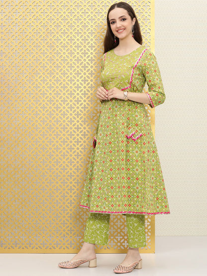 Dhiyona OD  Women Green Ethnic Motifs Printed Panelled Pure Cotton Kurta with Trousers & With