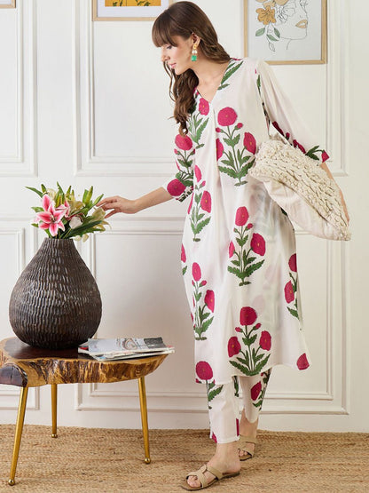 Dhiyona IE Printed Cotton V Neck Top With Trousers Co-Ords