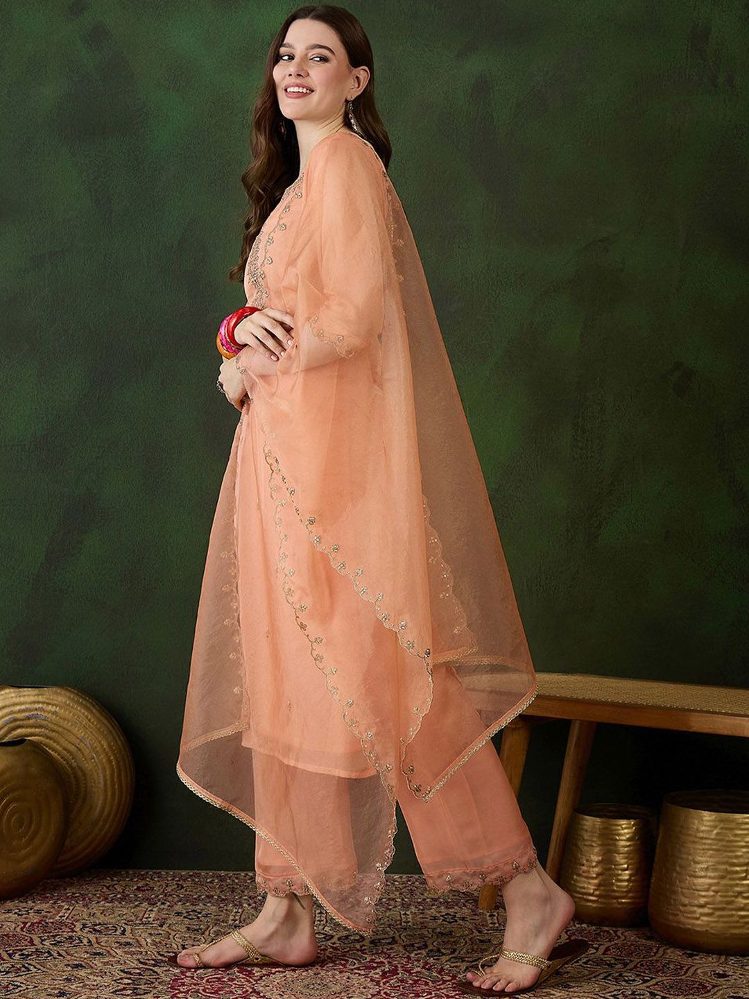 Dhiyona SN Women's Peach Floral Embroidered Zari Straight Kurta With Trouser And Dupatta