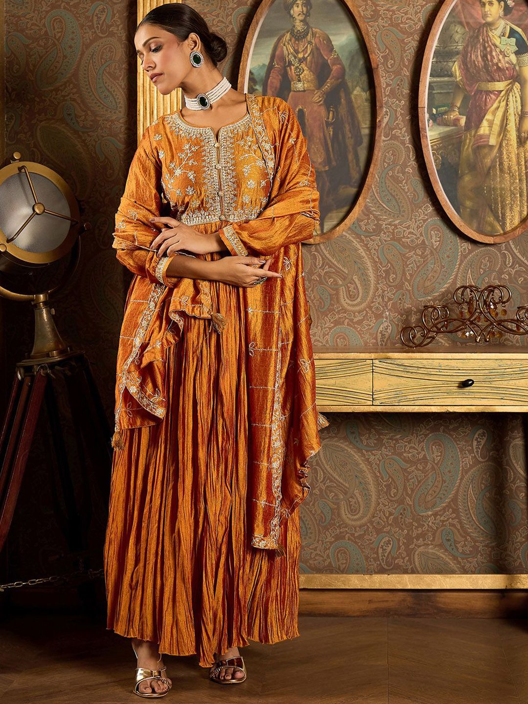 Floral Yoke Design Pleated Thread Work Anarkali Kurta With Trousers & Dupatta