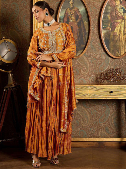 Floral Yoke Design Pleated Thread Work Anarkali Kurta With Trousers & Dupatta