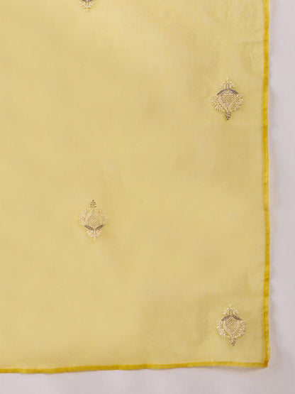 Dhiyona SN Women's Yellow Floral Embroidered Sequined Straight Kurta With Trousers & Dupatta
