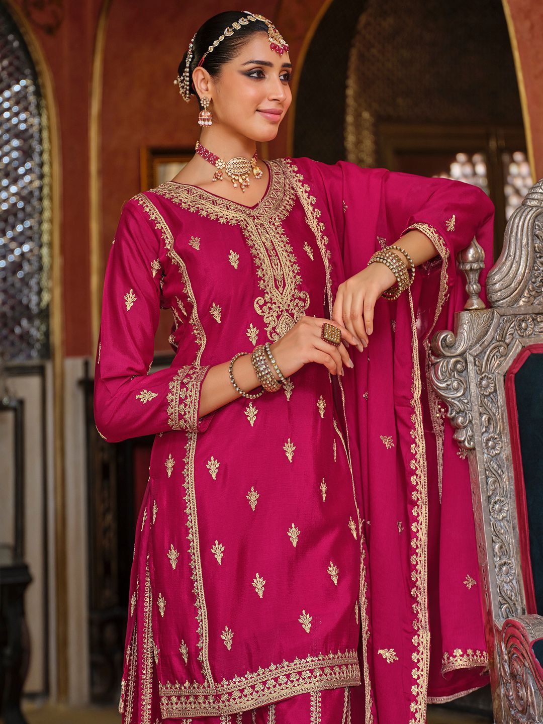 Dhiyona IE Adults-Women Woven Design Embroidered Kurta with Palazzos & Dupatta