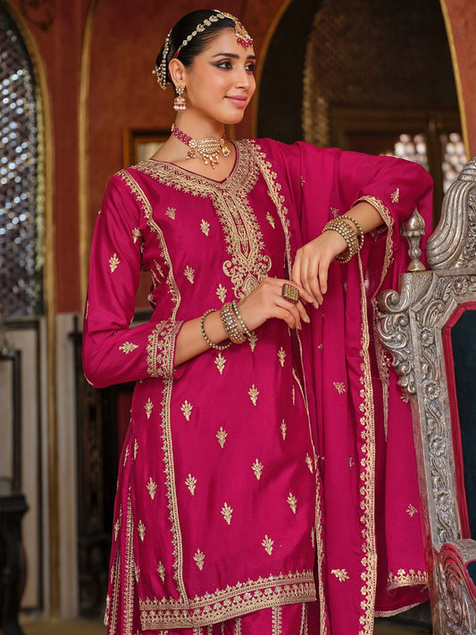 Adults-Women Woven Design Embroidered Kurta with Palazzos & Dupatta