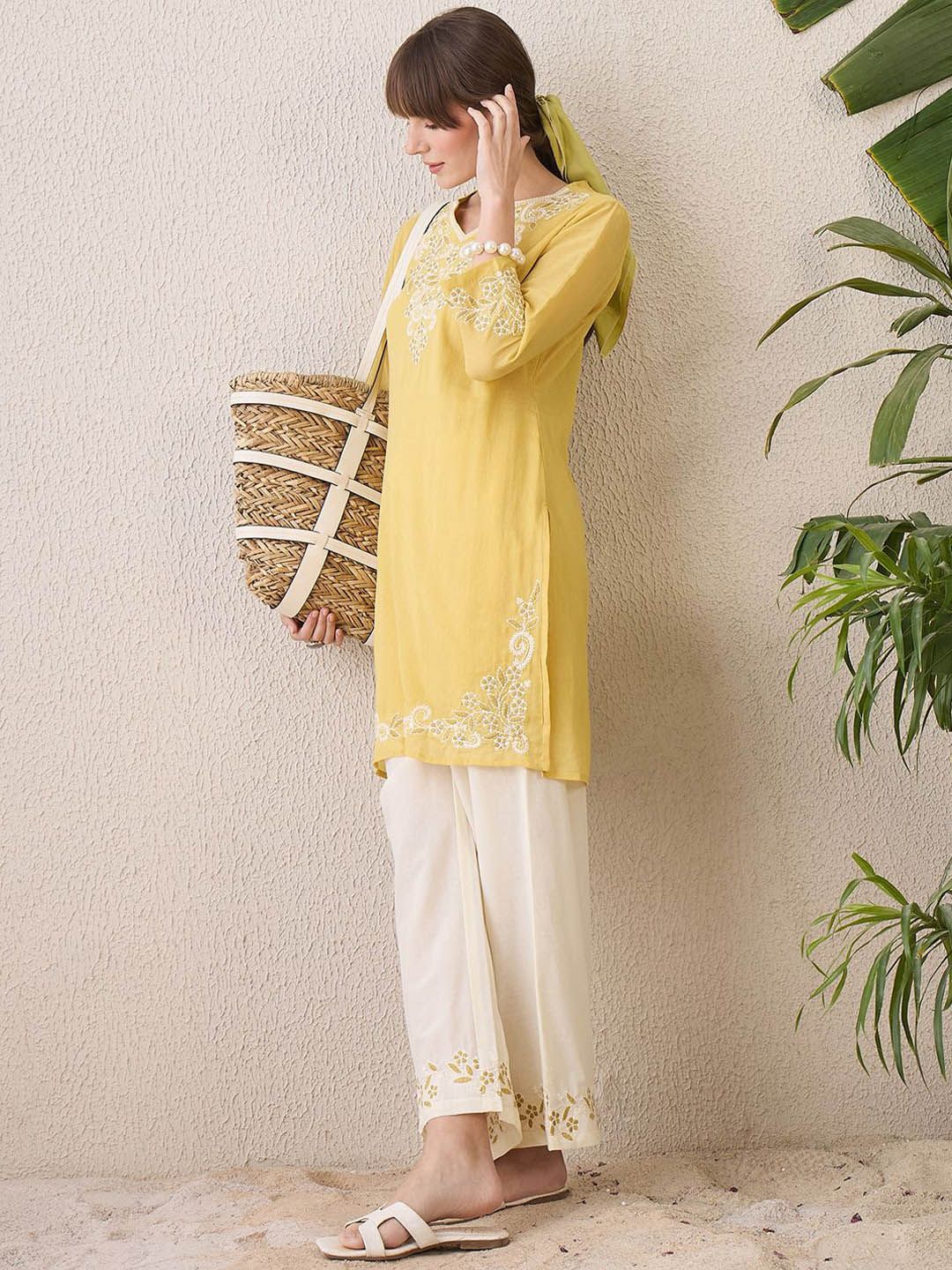 Floral Embroidered Notch Neck Pure Cotton Straight Kurta With Trousers