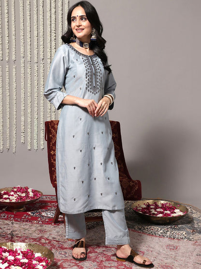 Dhiyona VA Women'sBlue Ethnic Motifs Embroidered Kurta With Trousers & Dupatta