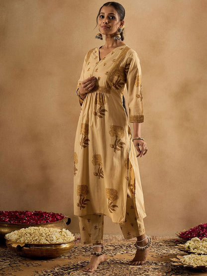 Floral Printed V-Neck Pleated Pure Cotton A-Line Kurta With Trouser