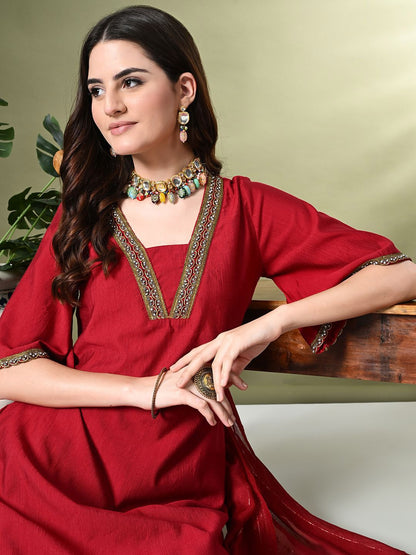 Dhiyona SN Women's Square Neck Flared Sleeves High-Low A-Line Kurta With Dhoti Pant & Dupatta