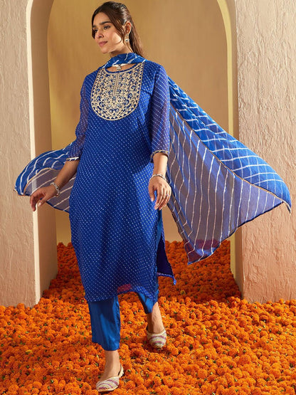 Leheriya Printed Thread Work Round Neck Georgette Kurta With Trousers & Dupatta