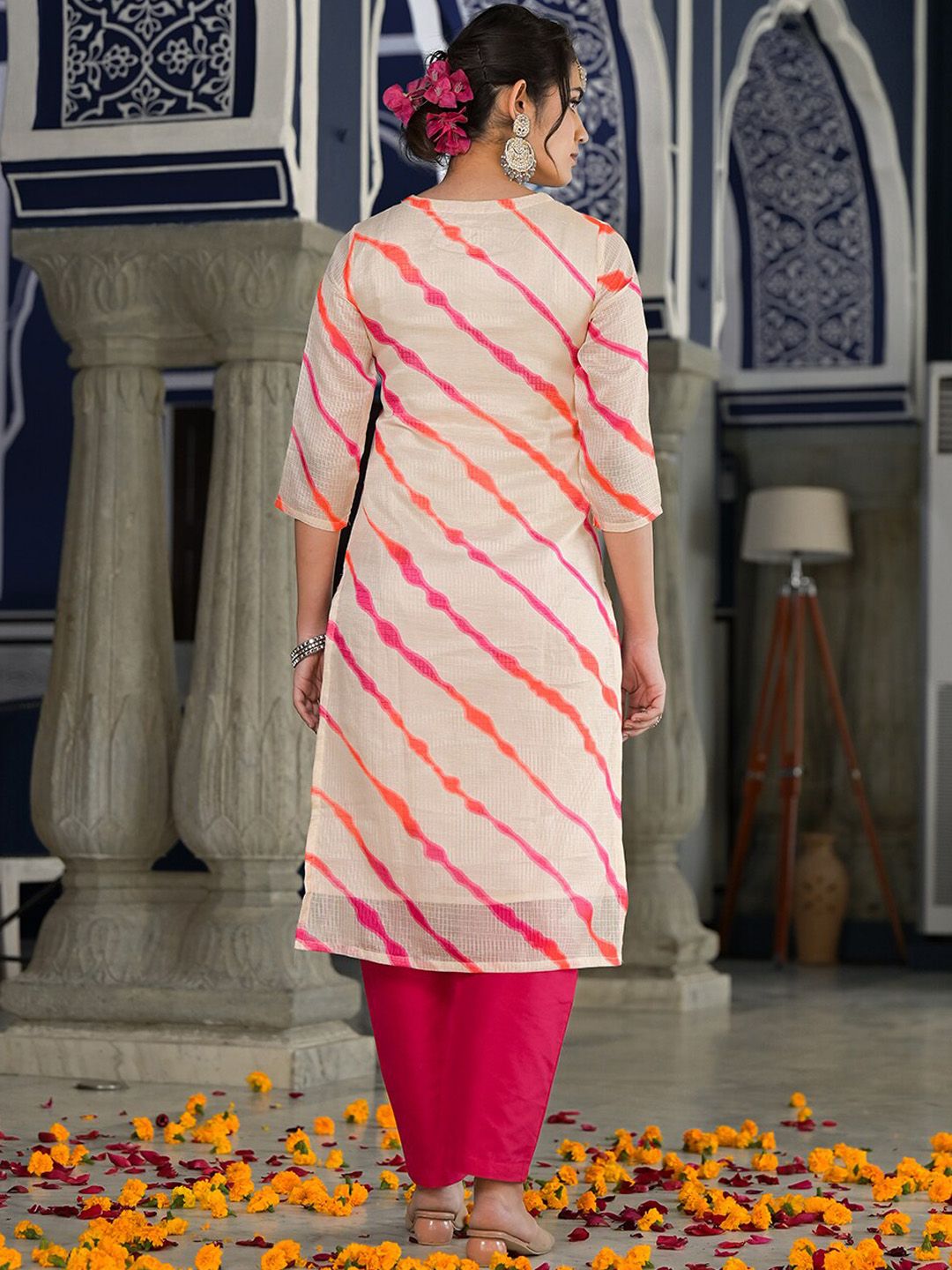 Dhiyona VA Women's Bandhani Dyed Regular Gotta Patti Kurta with Trousers & With Dupatta