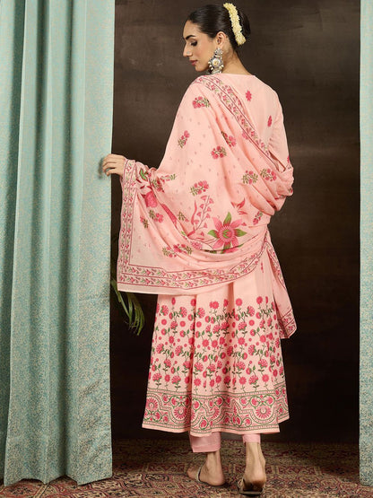 Floral Printed Round Neck Pure Cotton Anarkali Kurta With Trousers & Dupatta