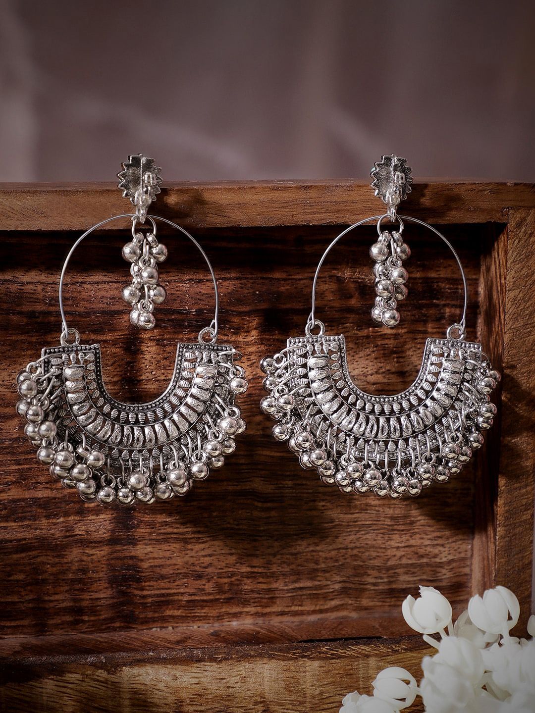 Dhiyona RJ Women's Silver-Plated Beaded Oxidised Crescent Shaped Chandbalis Earrings
