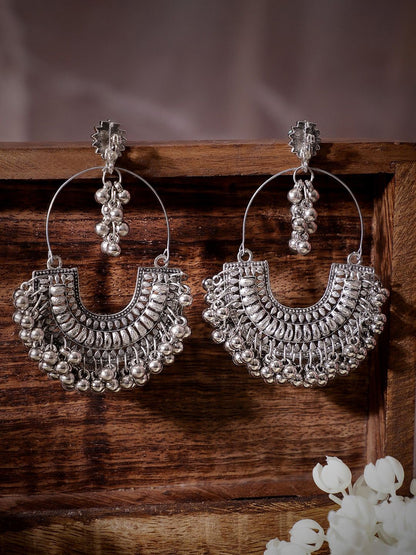 Dhiyona RJ Women's Silver-Plated Beaded Oxidised Crescent Shaped Chandbalis Earrings