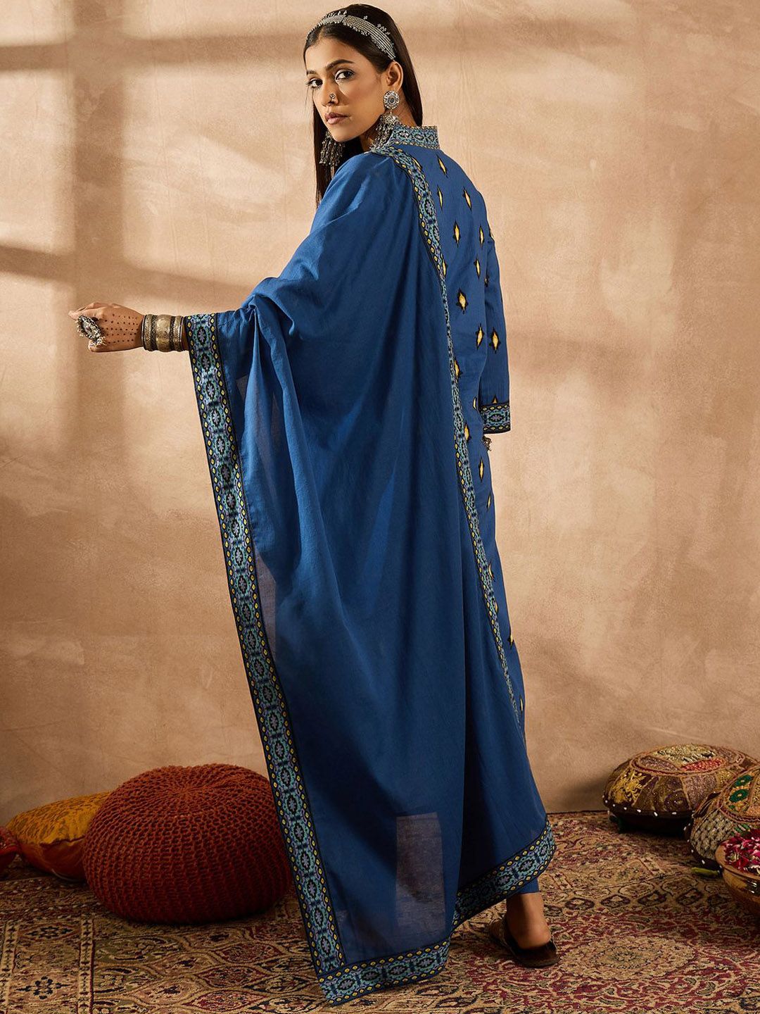 Dhiyona IE Women Ethnic Motifs Embroidered Regular Thread Work Pure Cotton Kurta with Trousers & With Dupatta