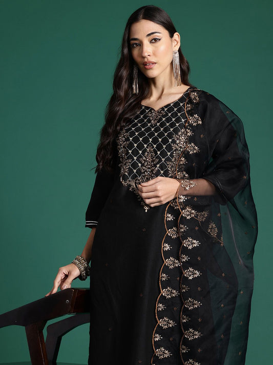 Dhiyona IE Ethnic Motifs Embroidered Zari Liva Kurta with Trousers & With Dupatta
