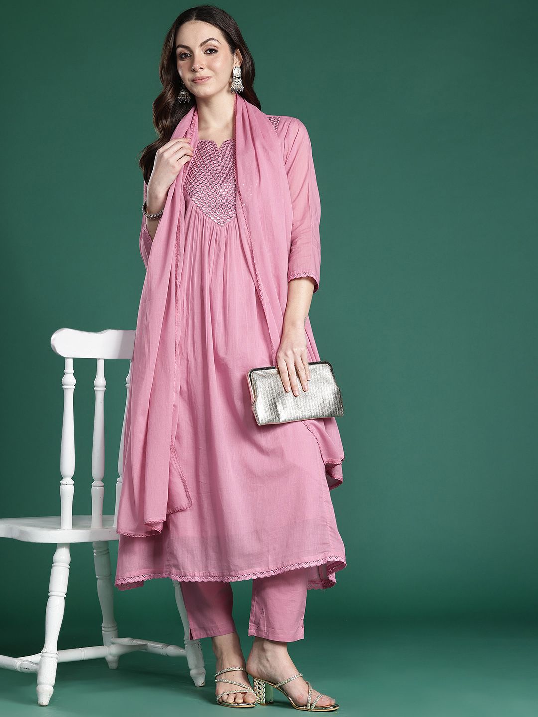 Dhiyona IE Embroidered Pure Cotton Kurta with Trousers & Dupatta