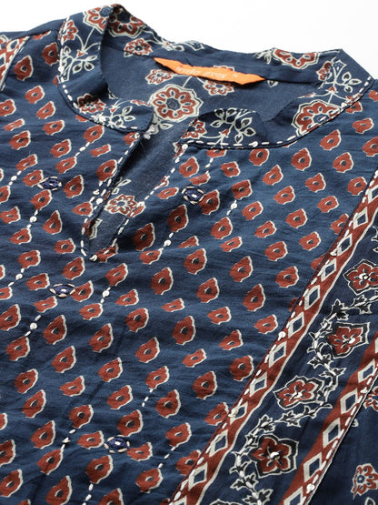 Ethnic Motifs Printed Thread Work Pure Cotton Kurta with Trousers