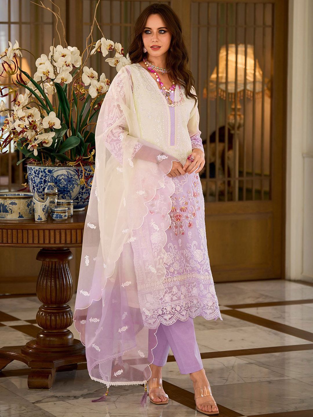 Floral Embroidered Sequinned Straight Organza Kurta With Trousers And Dupatta