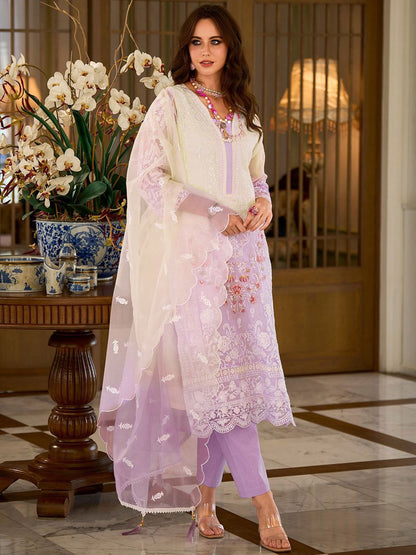 Floral Embroidered Sequinned Straight Organza Kurta With Trousers And Dupatta