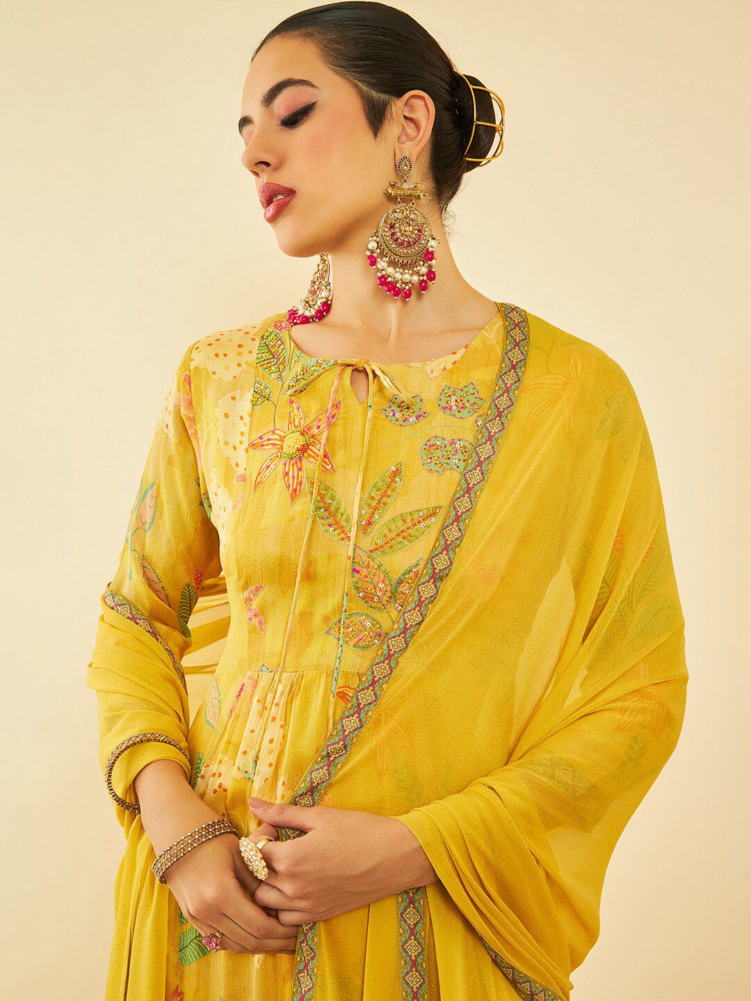 Dhiyona SO Women's Floral Printed Pleated Sequinned Kurta with Trouser & Dupatta