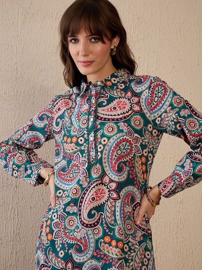 Dhiyona IE Printed Shirt Collar Pure Cotton Straight Tunic With Trouser