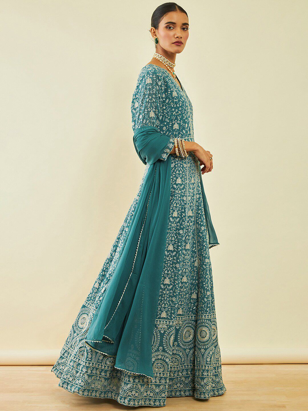 Dhiyona SO Women's Ethnic Motifs Embroidered Georgette Kurta With Churidar & Dupatta