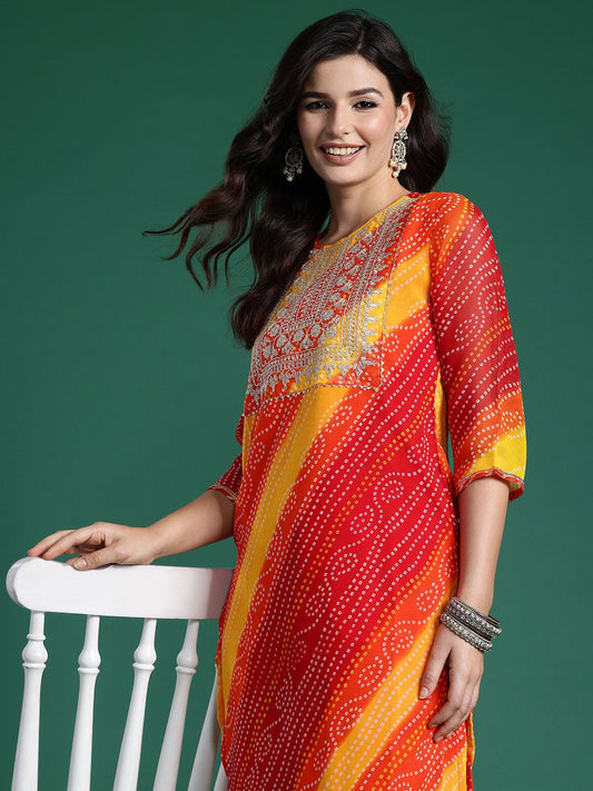 Dhiyona IE Bandhani Printed Zari Georgette Kurta