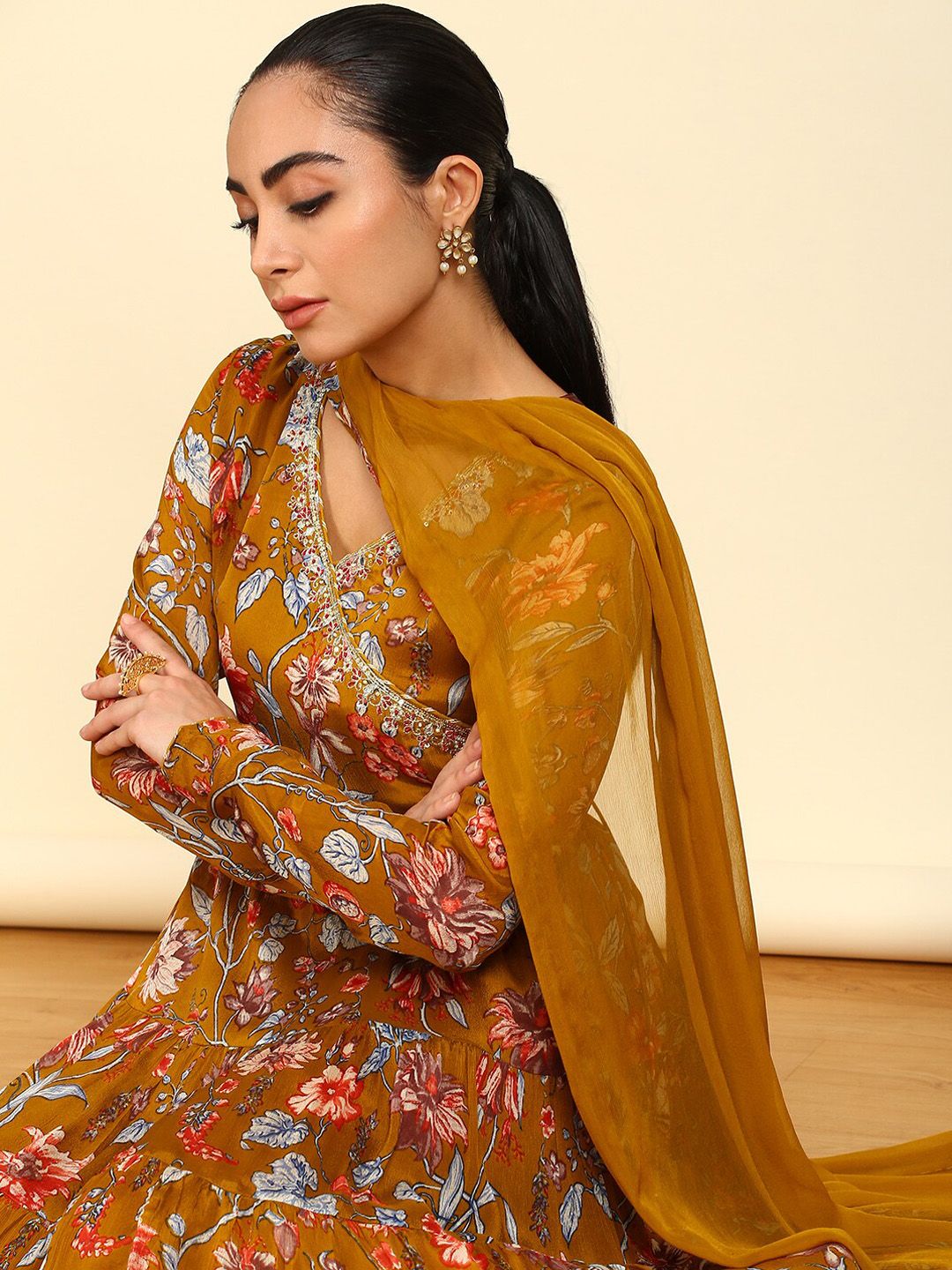 Dhiyona SO Women's Floral Printed Angrakha Mirror Work Anarkali Kurta with Trousers & With Dupatta