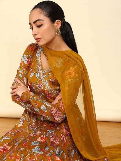 Dhiyona SO Women's Floral Printed Angrakha Mirror Work Anarkali Kurta with Trousers & With Dupatta