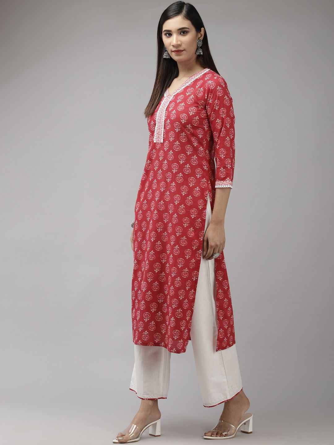 Women Red & White Ethnic Motifs Printed Kurta with Palazzos & With Dupatta
