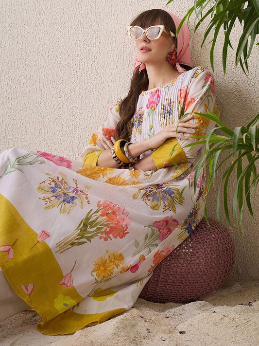 Dhiyona IE Floral Printed Round Neck Pure Cotton Straight Kurta With Trouser