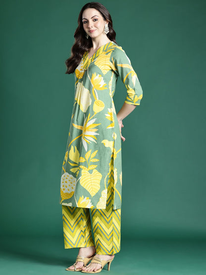 Dhiyona IE Floral Printed Pleated Sequinned Pure Cotton Kurta with Palazzos