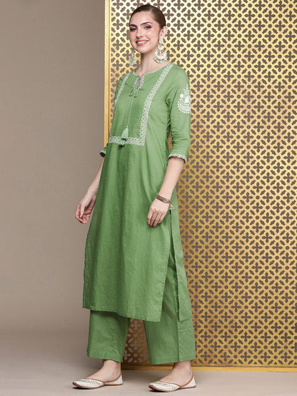 Dhiyona PD Women Jashn Ethnic Motifs Embroidered Pure Cotton Kurta with Palazzos & Dupatta