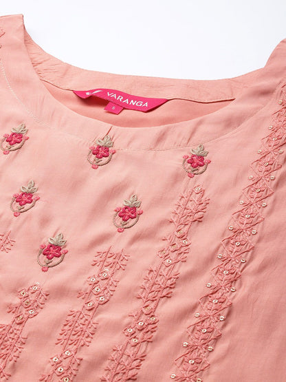 Dhiyona VA Women's Peach-Coloured Ethnic Motifs Embroidered Kurta with Trousers & Dupatta