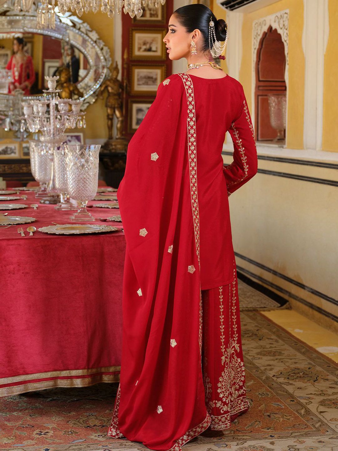 Adults-Women Woven Design Embroidered Kurta with Palazzos & Dupatta