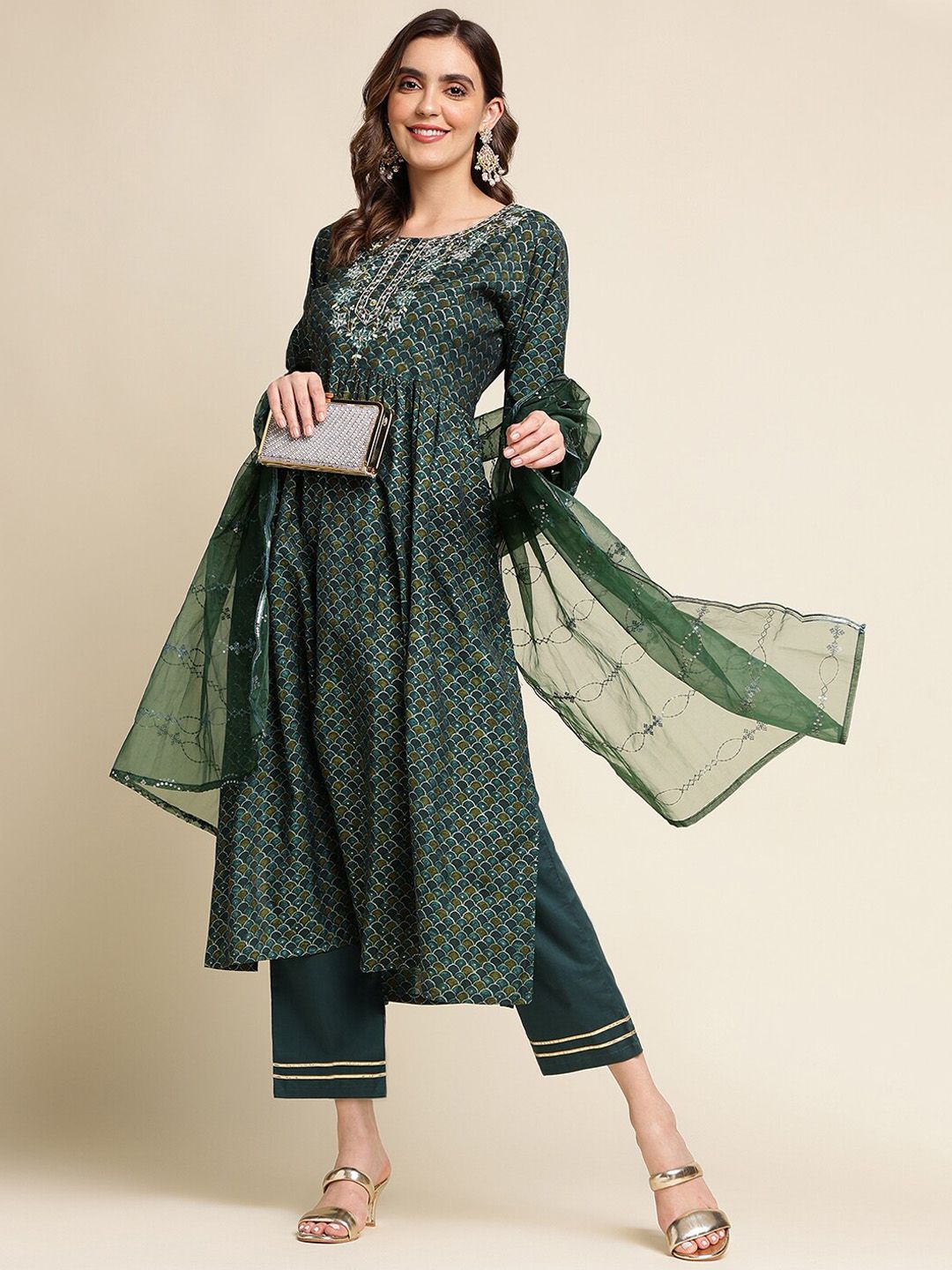 Dhiyona IS Women's Printed Green Empire Gotta Patti Pure Cotton Kurta with Trousers & Dupatta