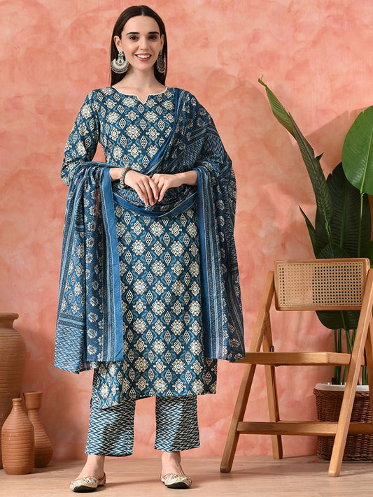Dhiyona SN Women's Printed A-Line Kurta With Trousers & Dupatta
