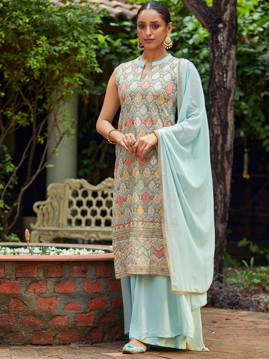 Dhiyona WP Floral Embroidered Sequinned Straight Kurta With Sharara & Dupatta