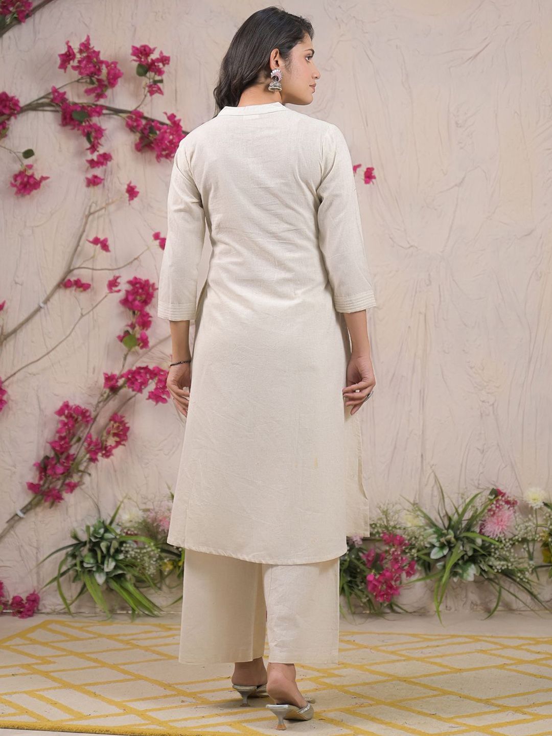Floral Embroidered Thread Work Pure Cotton A-Line Kurta With Palazzos