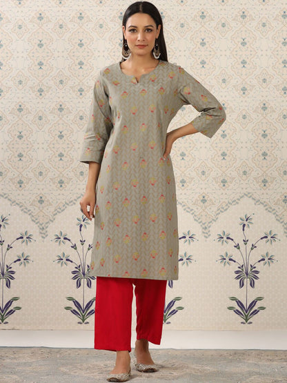 Dhiyona OD  Grey & Red Floral Printed Notched Neck Kurta With Palazzos