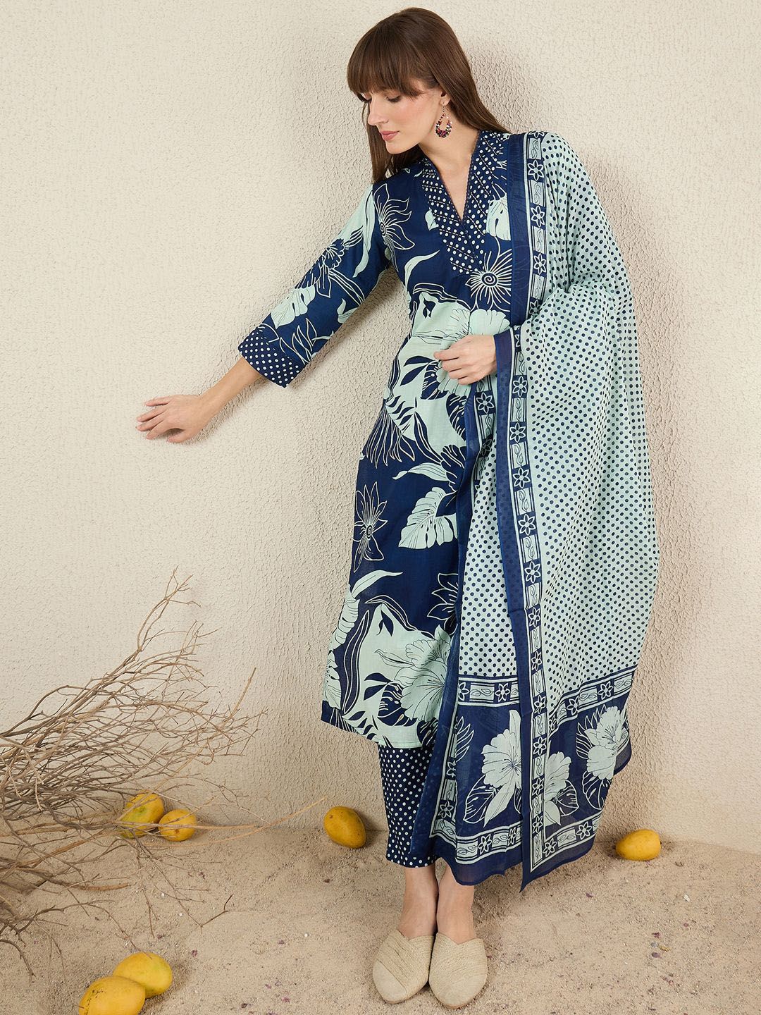Dhiyona IE Women Floral Printed Cotton Kurta with Trousers & Dupatta